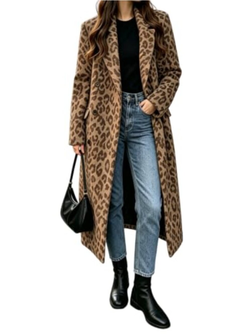 Women's Long Wool Pea Coat Notched Lapel Double Breasted Overcoat Leopard